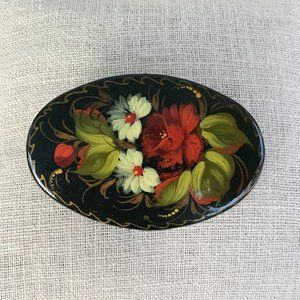 Vintage Lacquered Hand-Painted Floral Pin Brooch